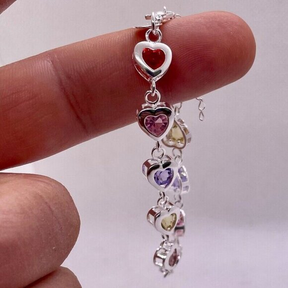 Multi color heart chain bracelet 925 sterling silver 8” adjustable - Picture 6 of 8